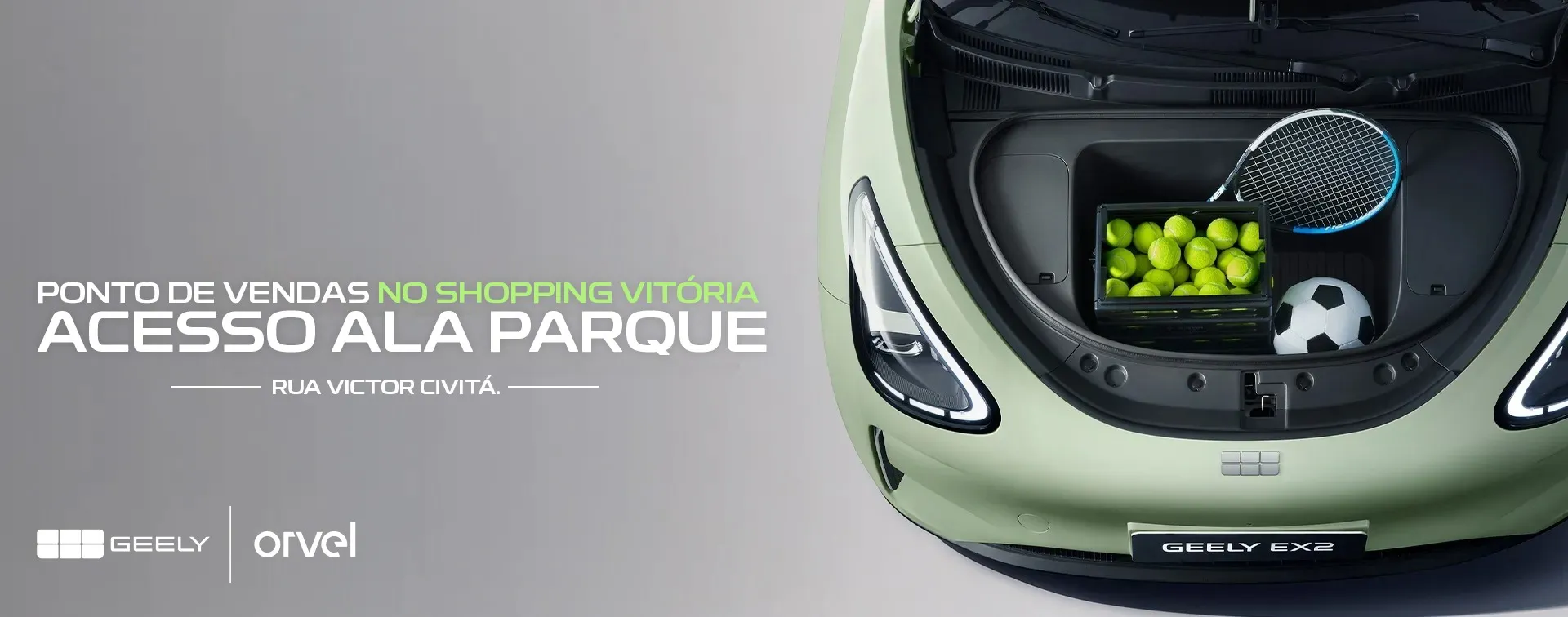 SUV elétrico Geely EX5 prata em destaque sobre faixa amarela iluminada, com fundo escuro e texto "Lançamento Exclusivo Geely EX5" ao lado.